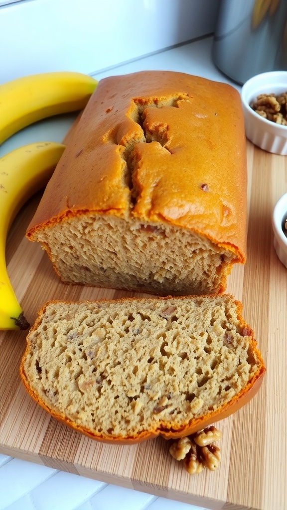 A golden loaf of banana bread sliced on a cutting board with ripe bananas and walnuts.